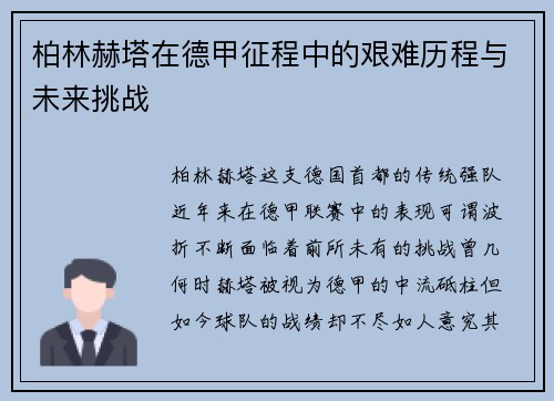 柏林赫塔在德甲征程中的艰难历程与未来挑战