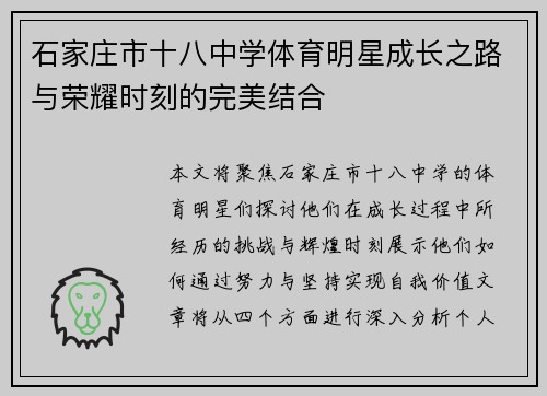 石家庄市十八中学体育明星成长之路与荣耀时刻的完美结合